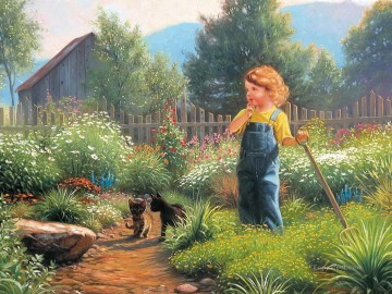 ペットと子供 Painting - カントリーハウスのペットの子供たちと猫